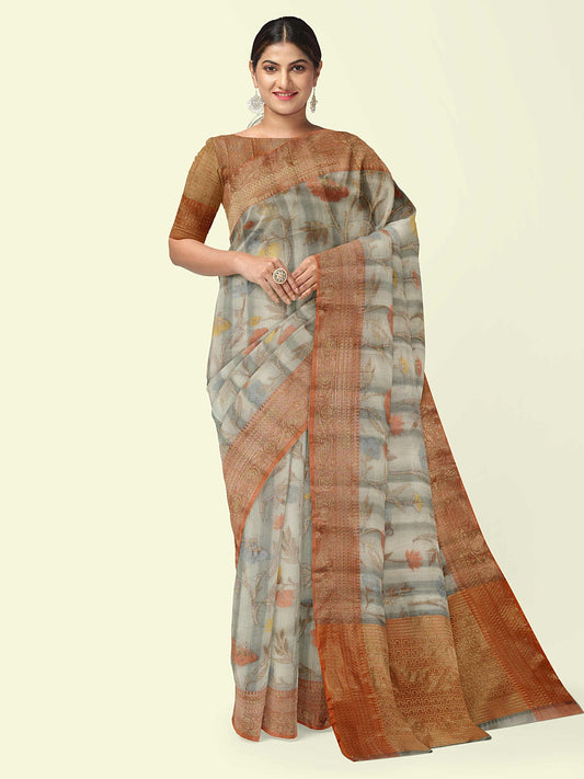 Faishana Presents Woven Grey Matka Silk Tilfi Jaal Zari Border With Brown Blouse Banarasi Saree