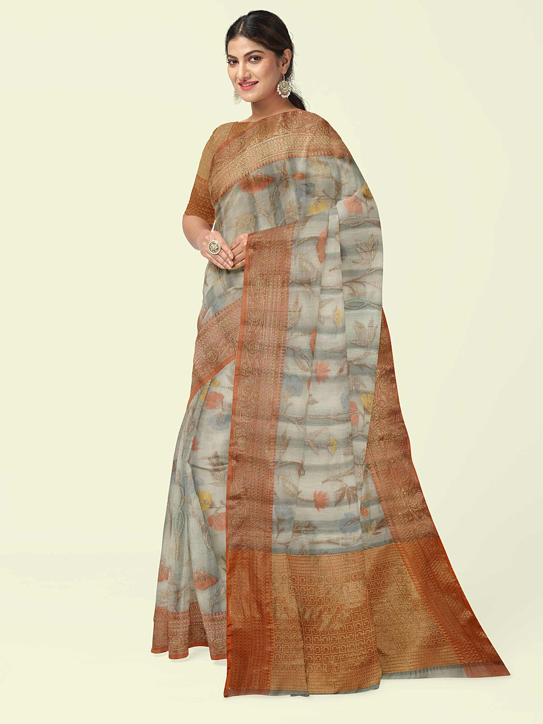 Faishana Presents Woven Grey Matka Silk Tilfi Jaal Zari Border With Brown Blouse Banarasi Saree