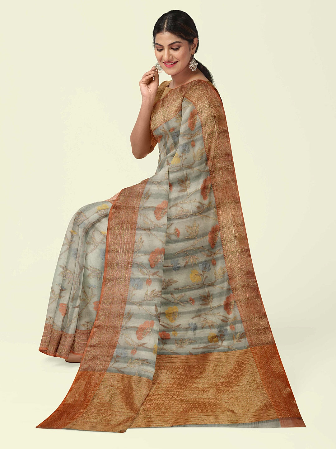 Faishana Presents Woven Grey Matka Silk Tilfi Jaal Zari Border With Brown Blouse Banarasi Saree