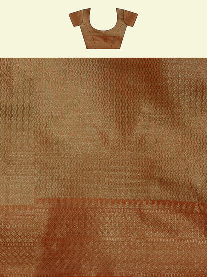 Faishana Presents Woven Grey Matka Silk Tilfi Jaal Zari Border With Brown Blouse Banarasi Saree