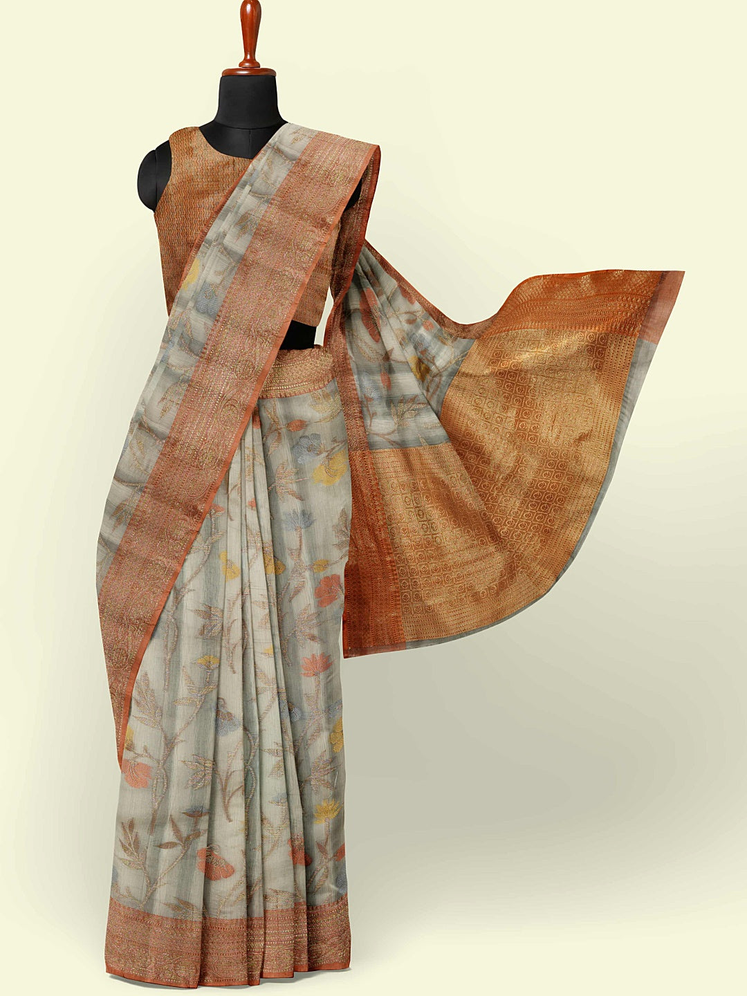 Faishana Presents Woven Grey Matka Silk Tilfi Jaal Zari Border With Brown Blouse Banarasi Saree