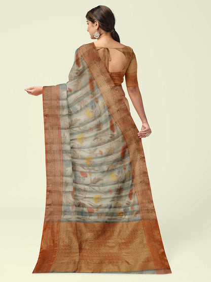 Faishana Presents Woven Grey Matka Silk Tilfi Jaal Zari Border With Brown Blouse Banarasi Saree