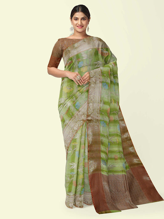Faishana Presents Woven Pista Green Matka Silk Tilfi Jaal Zari Border With Brown Blouse Banarasi Saree