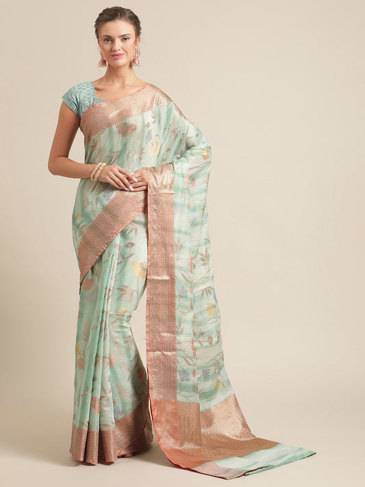 Faishana Presents Handwoven Seagreen Matka Silk Tilfi Jaal Zari Border With Brown Blouse Banarasi Saree