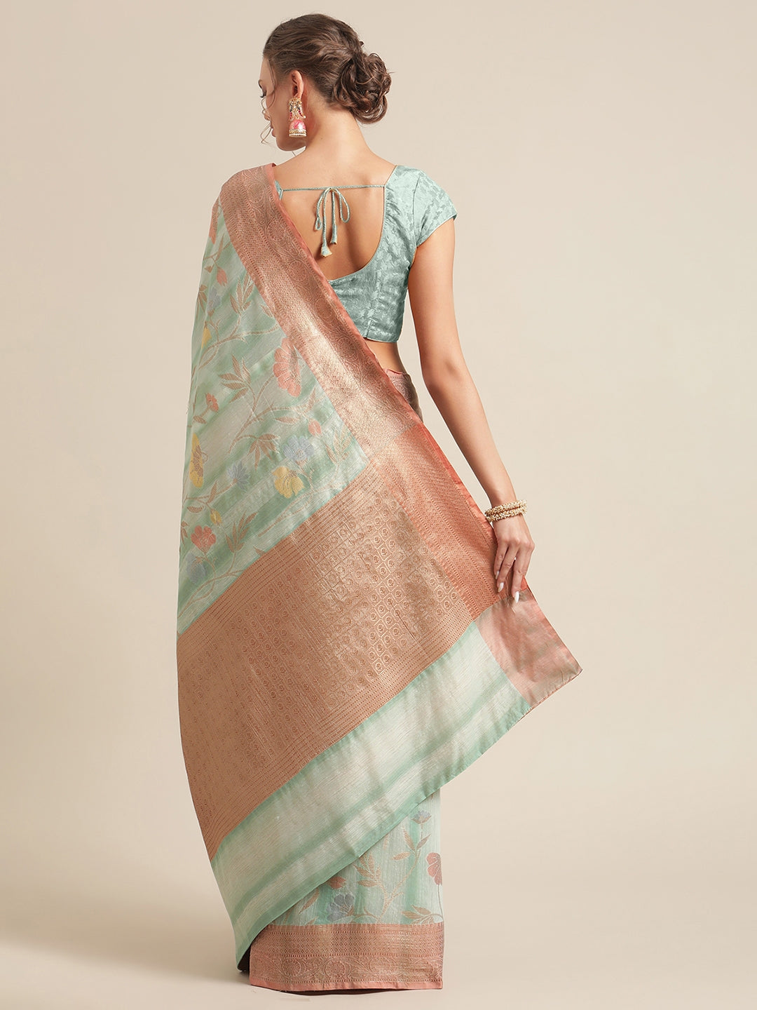 Faishana Presents Handwoven Seagreen Matka Silk Tilfi Jaal Zari Border With Brown Blouse Banarasi Saree