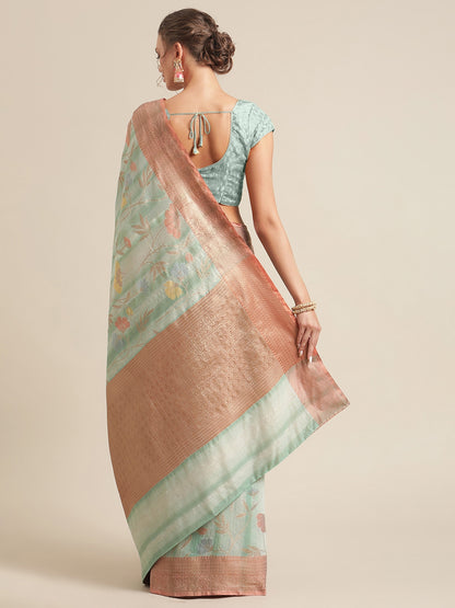 Faishana Presents Handwoven Seagreen Matka Silk Tilfi Jaal Zari Border With Brown Blouse Banarasi Saree