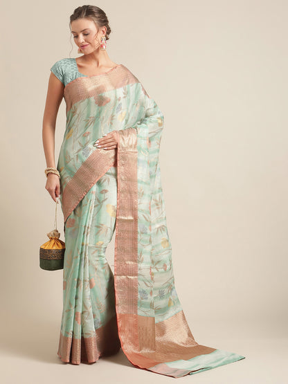 Faishana Presents Handwoven Seagreen Matka Silk Tilfi Jaal Zari Border With Brown Blouse Banarasi Saree