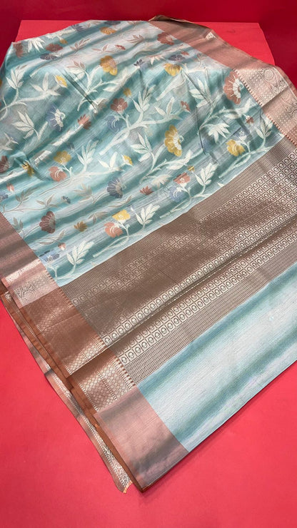 Faishana Presents Handwoven Seagreen Matka Silk Tilfi Jaal Zari Border With Brown Blouse Banarasi Saree