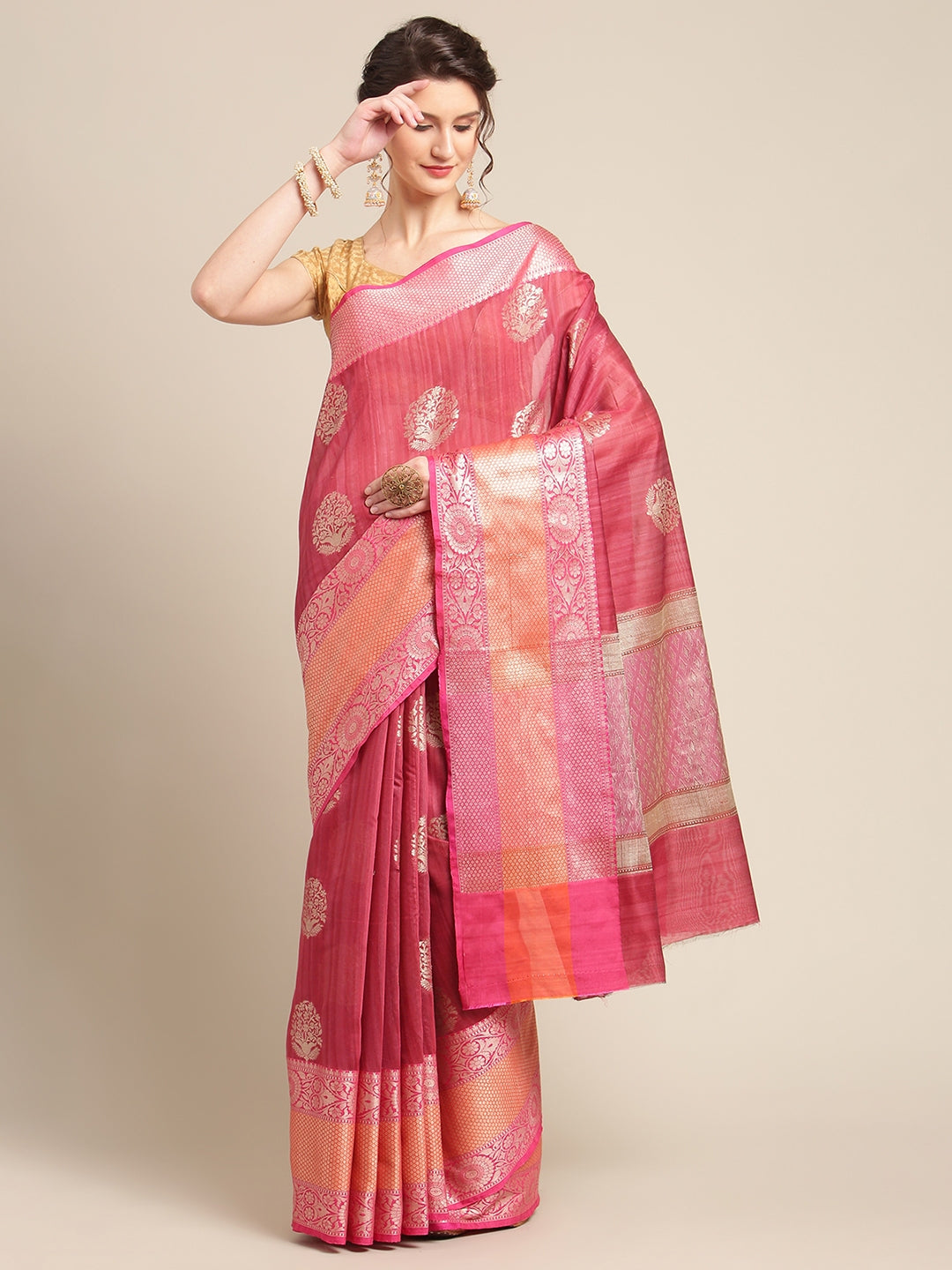 Faishana Presents Handwoven Pink Matka Silk Boota Skirt Border With Magenta Blouse Banarasi Saree