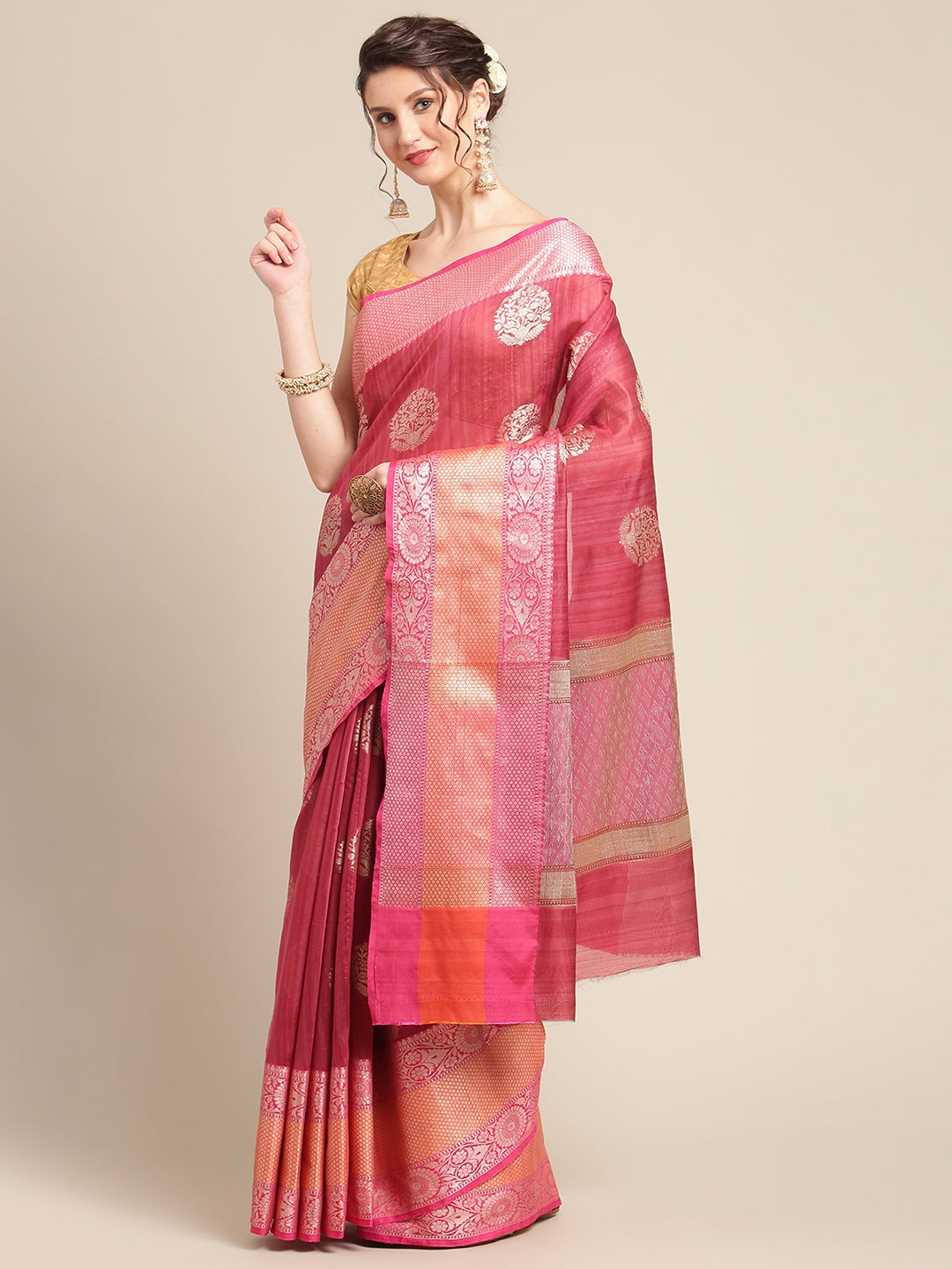 Faishana Presents Handwoven Pink Matka Silk Boota Skirt Border With Magenta Blouse Banarasi Saree