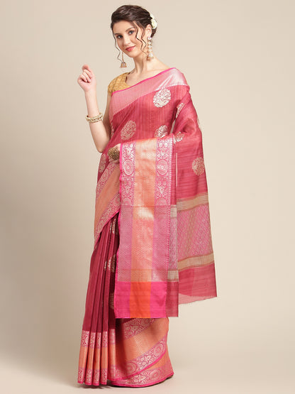 Faishana Presents Handwoven Pink Matka Silk Boota Skirt Border With Magenta Blouse Banarasi Saree