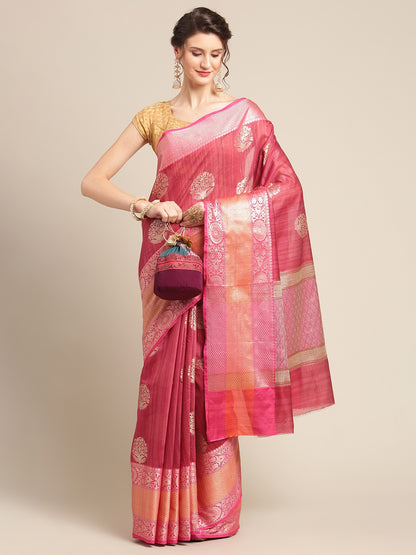 Faishana Presents Handwoven Pink Matka Silk Boota Skirt Border With Magenta Blouse Banarasi Saree