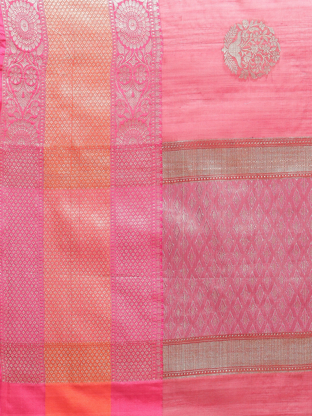 Faishana Presents Handwoven Pink Matka Silk Boota Skirt Border With Magenta Blouse Banarasi Saree