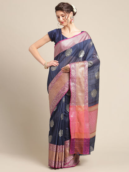 Faishana Presents Handwoven Blue Matka Silk Boota Skirt Border With Magenta Blouse Banarasi Saree