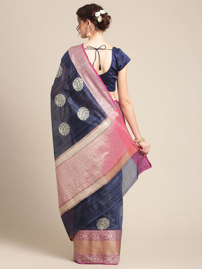 Faishana Presents Handwoven Blue Matka Silk Boota Skirt Border With Magenta Blouse Banarasi Saree