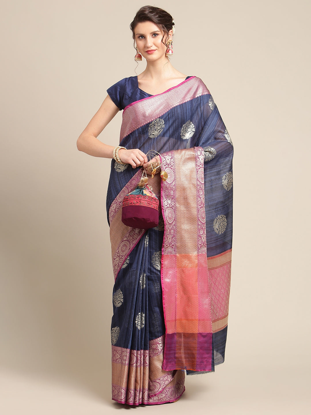 Faishana Presents Handwoven Blue Matka Silk Boota Skirt Border With Magenta Blouse Banarasi Saree