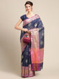 Faishana Presents Handwoven Blue Matka Silk Boota Skirt Border With Magenta Blouse Banarasi Saree