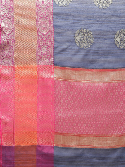 Faishana Presents Handwoven Blue Matka Silk Boota Skirt Border With Magenta Blouse Banarasi Saree