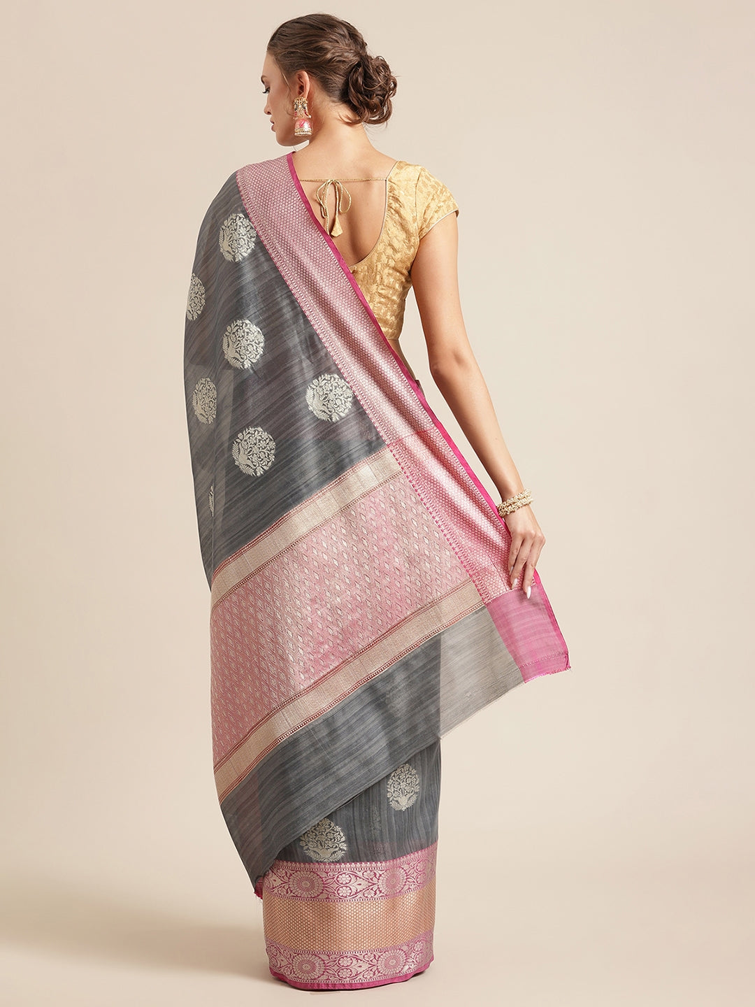 Faishana Presents Handwoven Grey Matka Silk Boota Skirt Border With Magenta Blouse Banarasi Saree