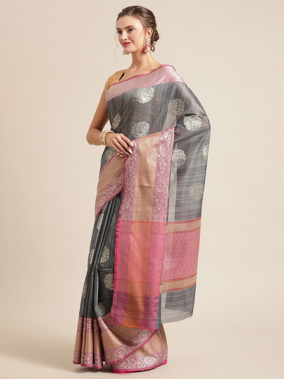 Faishana Presents Handwoven Grey Matka Silk Boota Skirt Border With Magenta Blouse Banarasi Saree