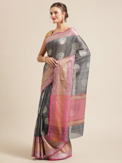Faishana Presents Handwoven Grey Matka Silk Boota Skirt Border With Magenta Blouse Banarasi Saree
