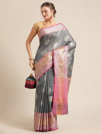 Faishana Presents Handwoven Grey Matka Silk Boota Skirt Border With Magenta Blouse Banarasi Saree