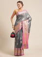 Faishana Presents Handwoven Grey Matka Silk Boota Skirt Border With Magenta Blouse Banarasi Saree