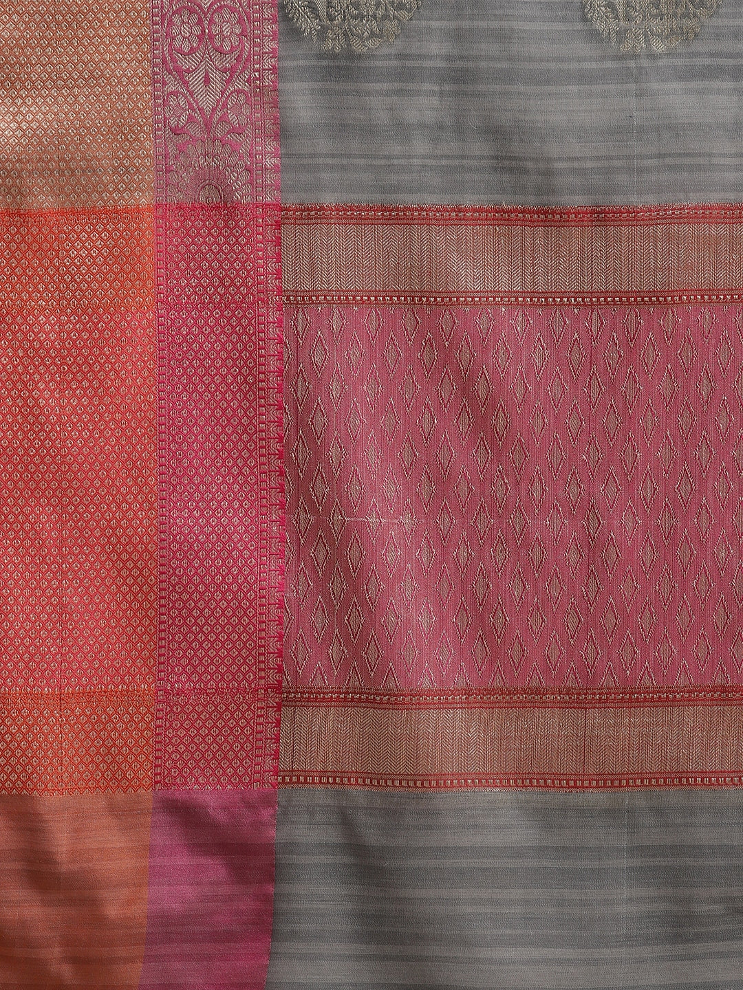 Faishana Presents Handwoven Grey Matka Silk Boota Skirt Border With Magenta Blouse Banarasi Saree
