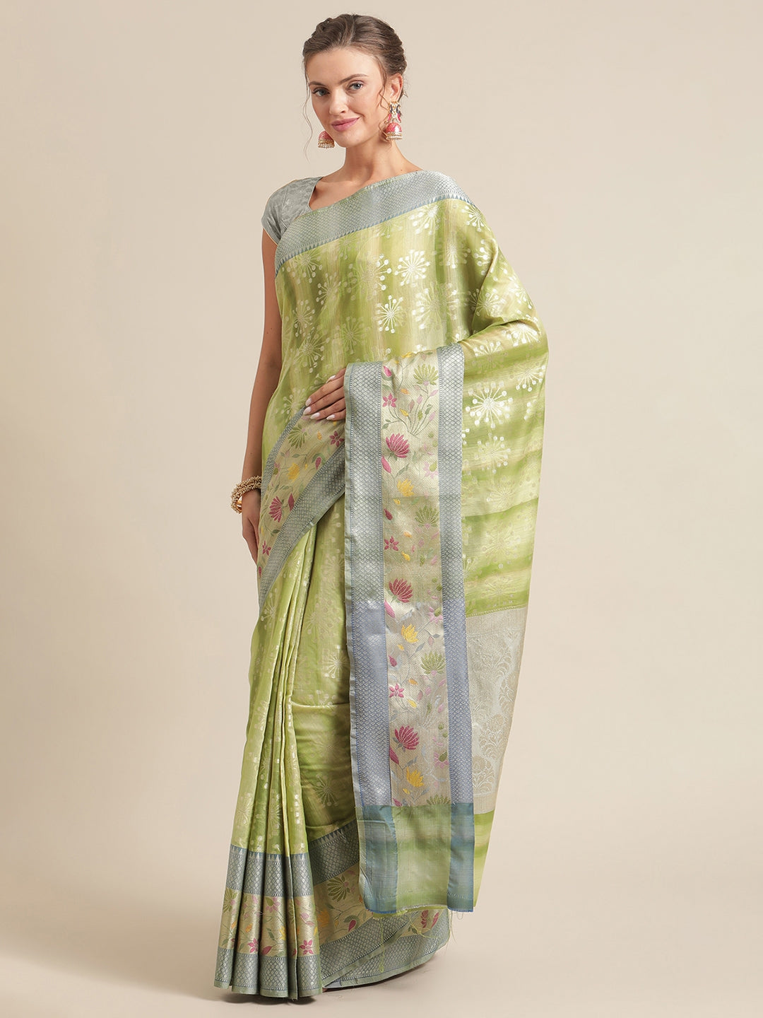 Faishana Presents Handwoven Pistachio Matka Silk Boota Skirt Tilfi Border With Grey Blouse Banarasi Saree