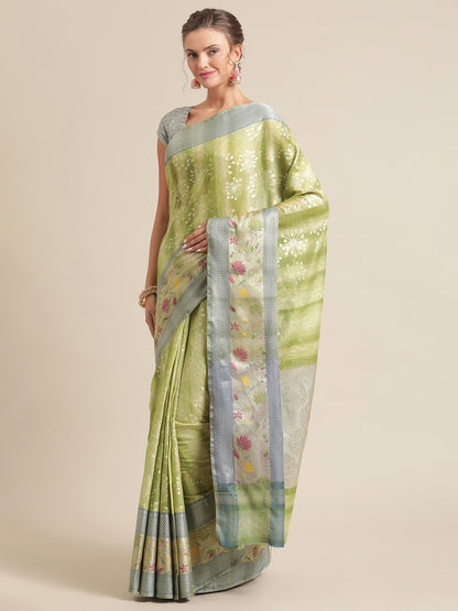 Faishana Presents Handwoven Pistachio Matka Silk Boota Skirt Tilfi Border With Grey Blouse Banarasi Saree