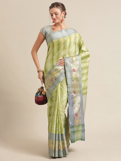 Faishana Presents Handwoven Pistachio Matka Silk Boota Skirt Tilfi Border With Grey Blouse Banarasi Saree