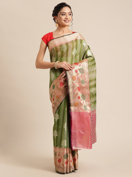 Faishana Presents Handwoven Green Matka Silk Boota Tilfi Skirt Zari Border With Magenta Blouse Banarasi Saree