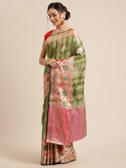 Faishana Presents Handwoven Green Matka Silk Boota Tilfi Skirt Zari Border With Magenta Blouse Banarasi Saree