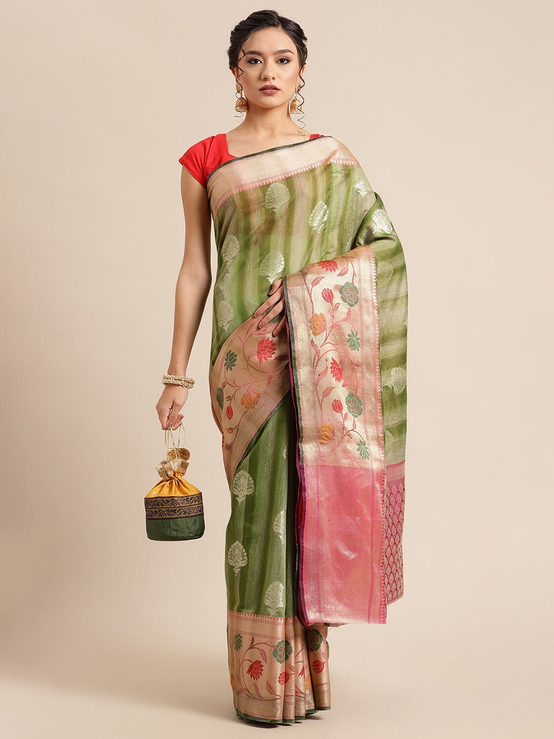Faishana Presents Handwoven Green Matka Silk Boota Tilfi Skirt Zari Border With Magenta Blouse Banarasi Saree