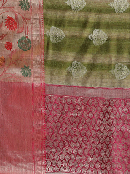 Faishana Presents Handwoven Green Matka Silk Boota Tilfi Skirt Zari Border With Magenta Blouse Banarasi Saree