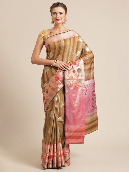 Faishana Presents Handwoven Brown Matka Silk Boota Tilfi Skirt Zari Border With Magenta Blouse Banarasi Saree