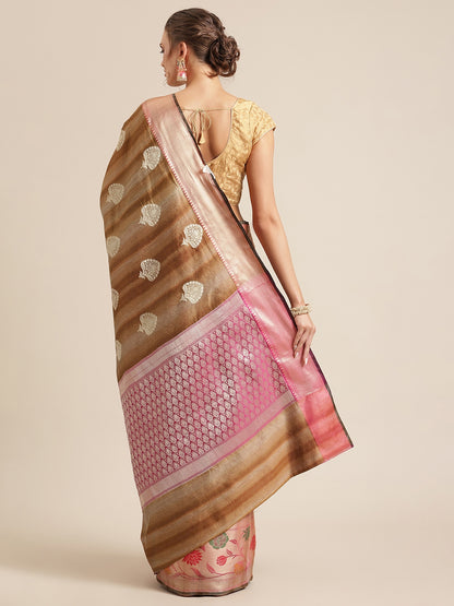 Faishana Presents Handwoven Brown Matka Silk Boota Tilfi Skirt Zari Border With Magenta Blouse Banarasi Saree