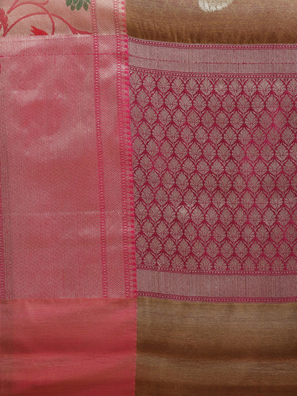 Faishana Presents Handwoven Brown Matka Silk Boota Tilfi Skirt Zari Border With Magenta Blouse Banarasi Saree