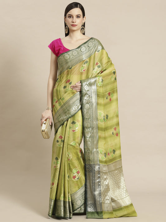 Faishana Presents Handwoven Pistachio Matka Silk Tilfi Boota Zari Border With Mehndi Green Blouse Banarasi Saree