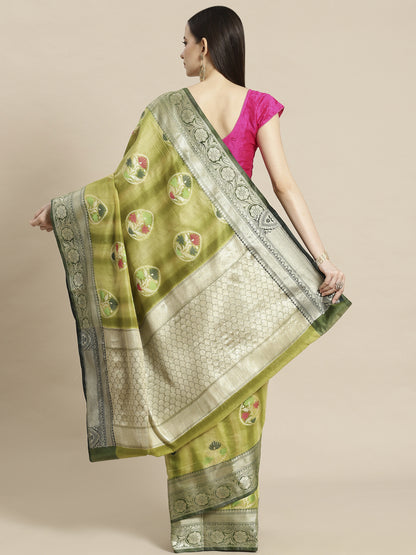 Faishana Presents Handwoven Pistachio Matka Silk Tilfi Boota Zari Border With Mehndi Green Blouse Banarasi Saree