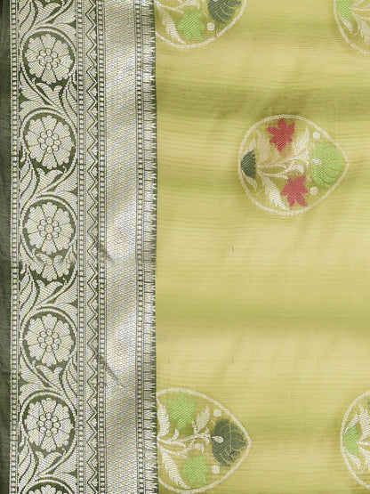 Faishana Presents Handwoven Pistachio Matka Silk Tilfi Boota Zari Border With Mehndi Green Blouse Banarasi Saree