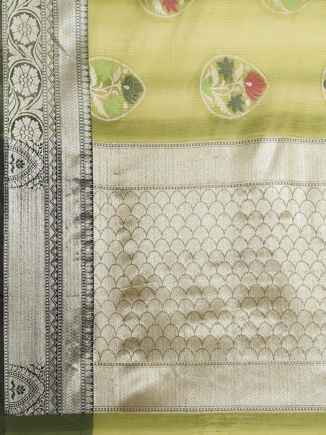 Faishana Presents Handwoven Pistachio Matka Silk Tilfi Boota Zari Border With Mehndi Green Blouse Banarasi Saree