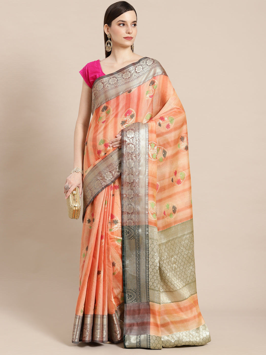 Faishana Presents Handwoven Peach Matka Silk Tilfi Boota Zari Border With Mehndi Green Blouse Banarasi Saree