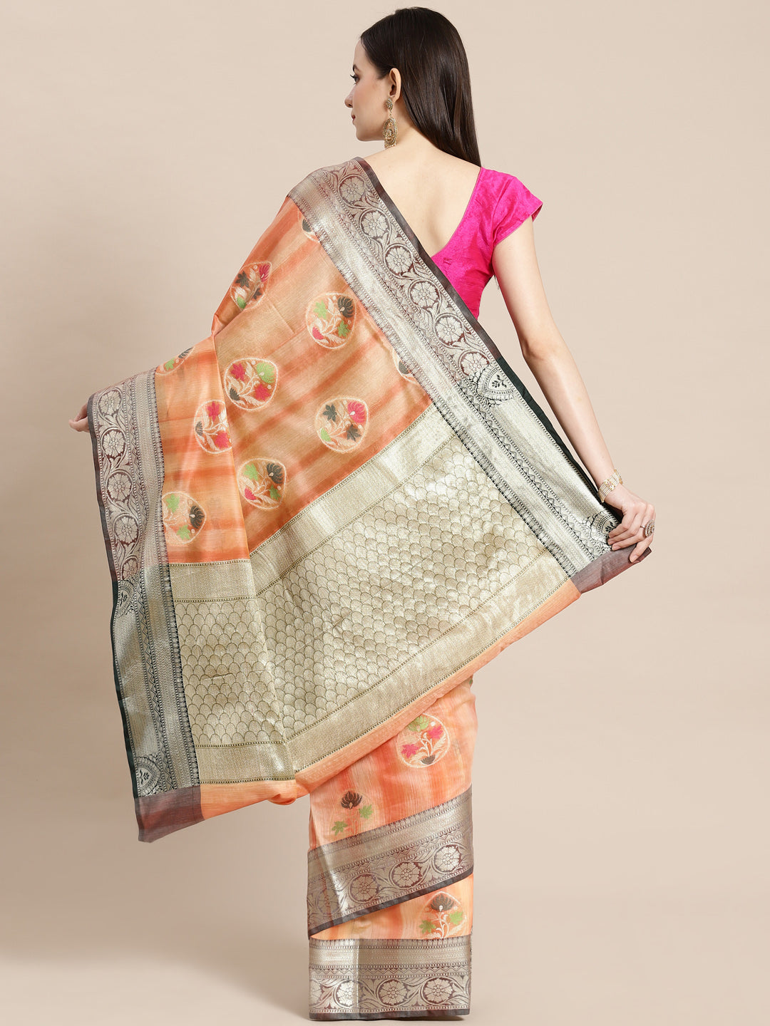 Faishana Presents Handwoven Peach Matka Silk Tilfi Boota Zari Border With Mehndi Green Blouse Banarasi Saree