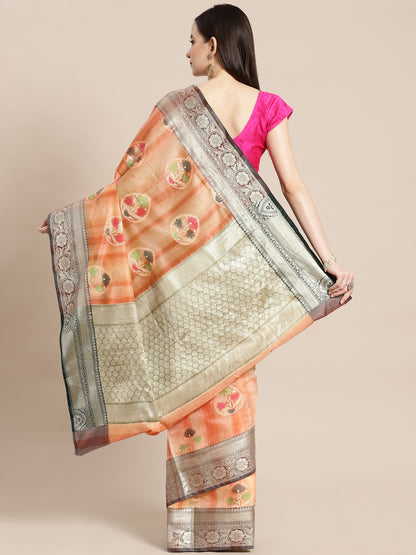 Faishana Presents Handwoven Peach Matka Silk Tilfi Boota Zari Border With Mehndi Green Blouse Banarasi Saree