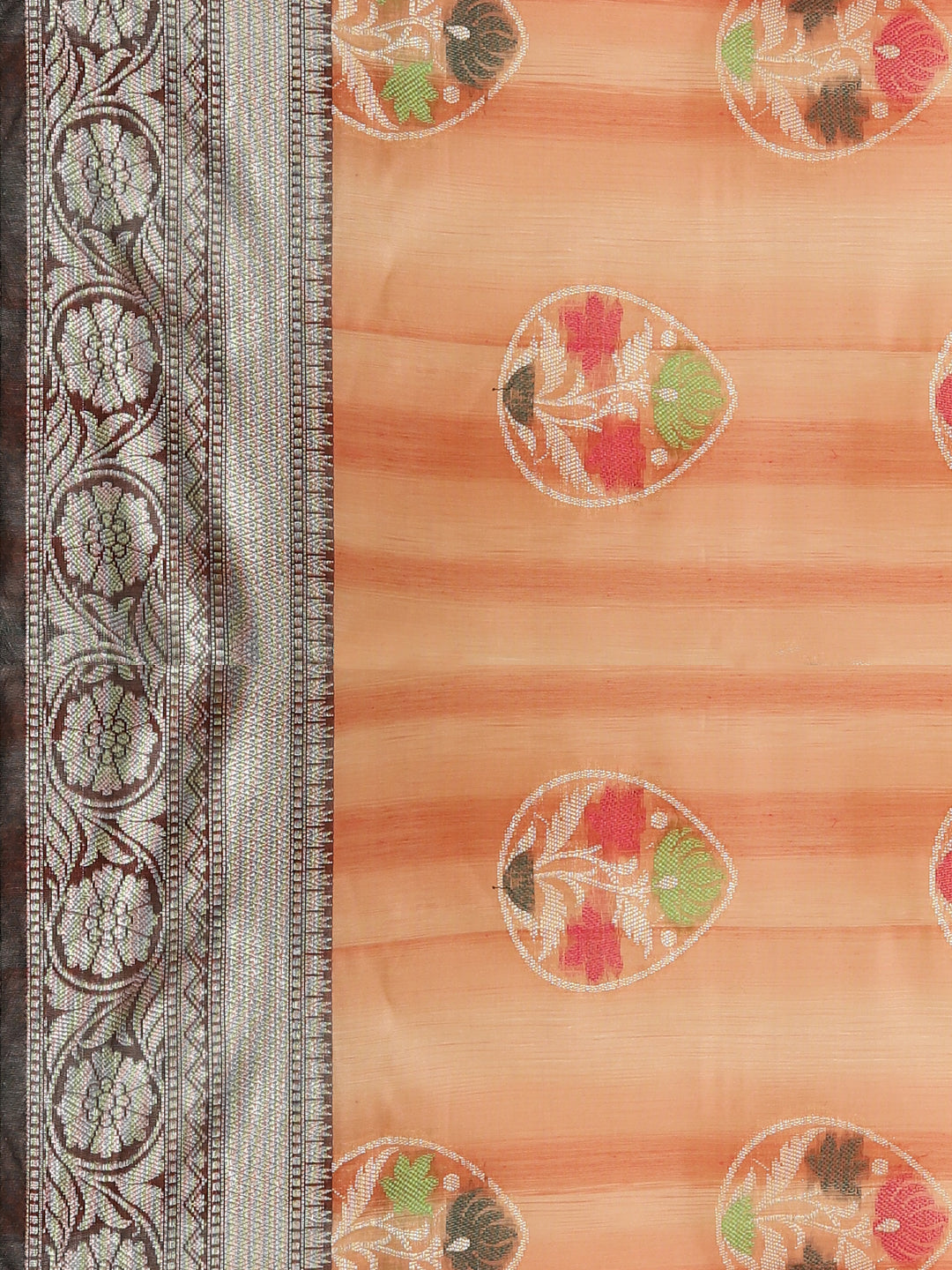 Faishana Presents Handwoven Peach Matka Silk Tilfi Boota Zari Border With Mehndi Green Blouse Banarasi Saree