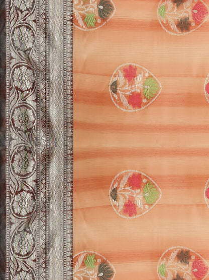Faishana Presents Handwoven Peach Matka Silk Tilfi Boota Zari Border With Mehndi Green Blouse Banarasi Saree