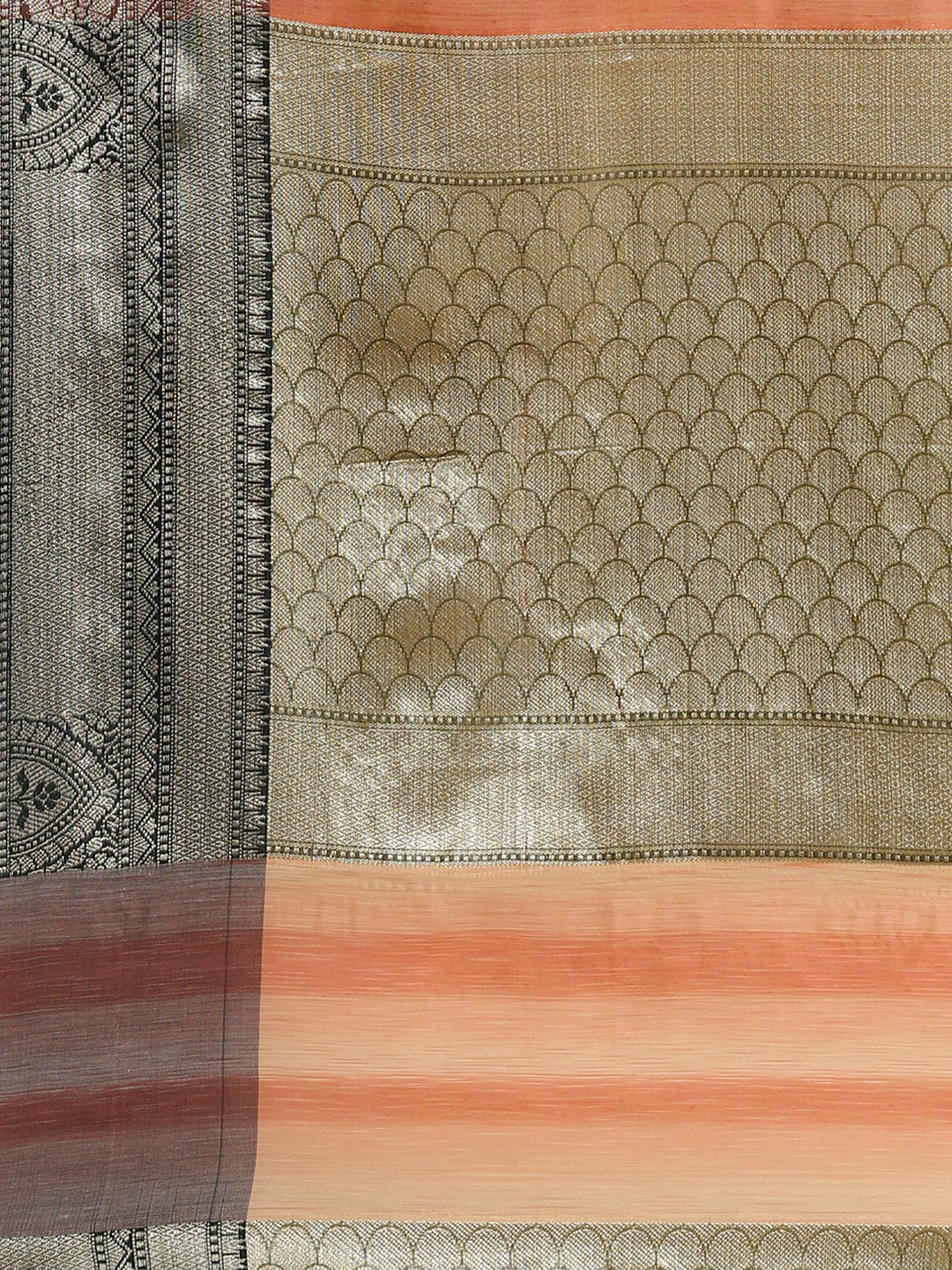 Faishana Presents Handwoven Peach Matka Silk Tilfi Boota Zari Border With Mehndi Green Blouse Banarasi Saree