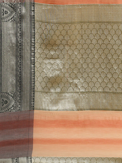 Faishana Presents Handwoven Peach Matka Silk Tilfi Boota Zari Border With Mehndi Green Blouse Banarasi Saree