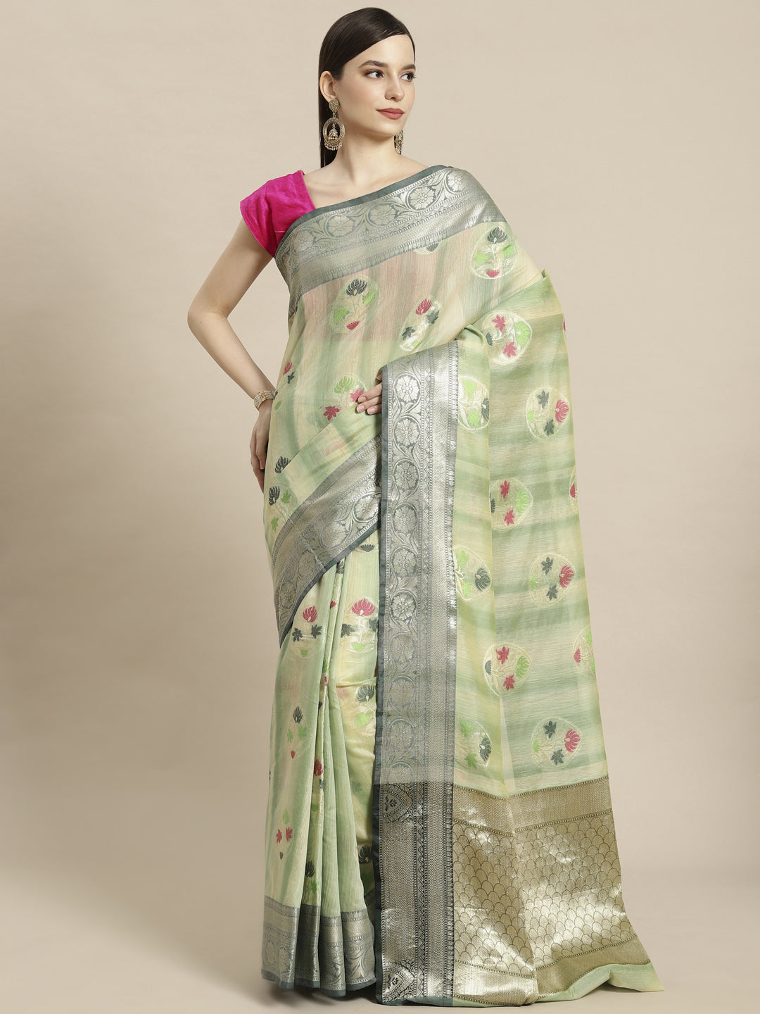 Faishana Presents Handwoven Seagreen Matka Silk Tilfi Boota Zari Border With Mehndi Green Blouse Banarasi Saree